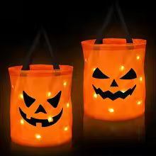 LED Light Halloween Trick or Treat Bucket Pumpkin Candy Bags| Collapsible Halloween Basket for Thanksgiving Party Gift Basket.