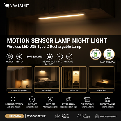 Motion Sensor LED Night Light – USB-C Rechargeable Wireless Cabinet Lamp