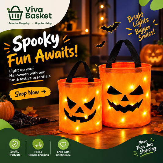 LED Light Halloween Trick or Treat Bucket Pumpkin Candy Bags| Collapsible Halloween Basket for Thanksgiving Party Gift Basket.