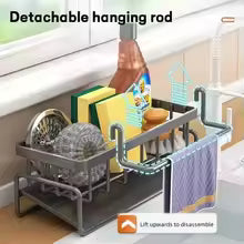 Kitchen Sink Storage Rack Drain Rack Free Installation with Hanging Rod Cleaning Cloth Cleaning Brush Rag Storage Artifact