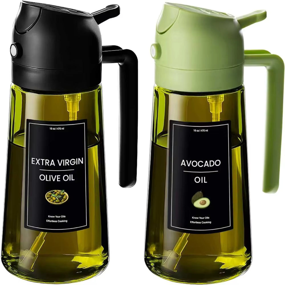 Olive Oil Dispenser|Sprayer for Cooking 2 in 1- Spray and Pour|Dark Green Glass Oil Bottlewith Stickers,16oz/470ml Oil Sprayer