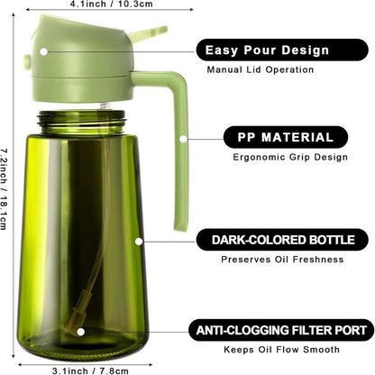 Olive Oil Dispenser|Sprayer for Cooking 2 in 1- Spray and Pour|Dark Green Glass Oil Bottlewith Stickers,16oz/470ml Oil Sprayer