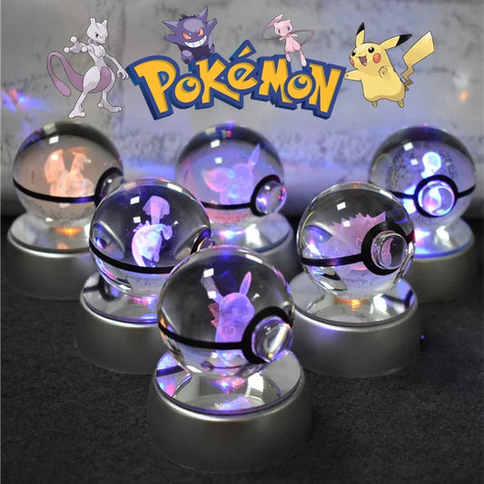 Pokemon Crystal Ball 3D Pikachu Gengar Mewtwo Night Light Lamp Pokeball Kid Gift
